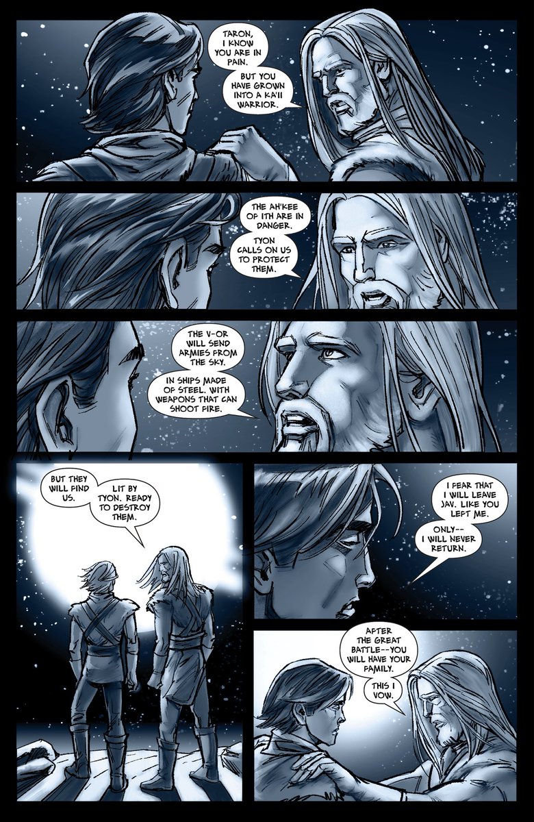 We tell stories about heroes who go on journeys and have epic battles.  These pages from NO’MADD: THE CAVE OF BROKEN TOMBS show our father / son heroes prepare for their journey to leave home, unaware to the extent of the dangers that await. Art by @amcc_art  and @lccmoyer.