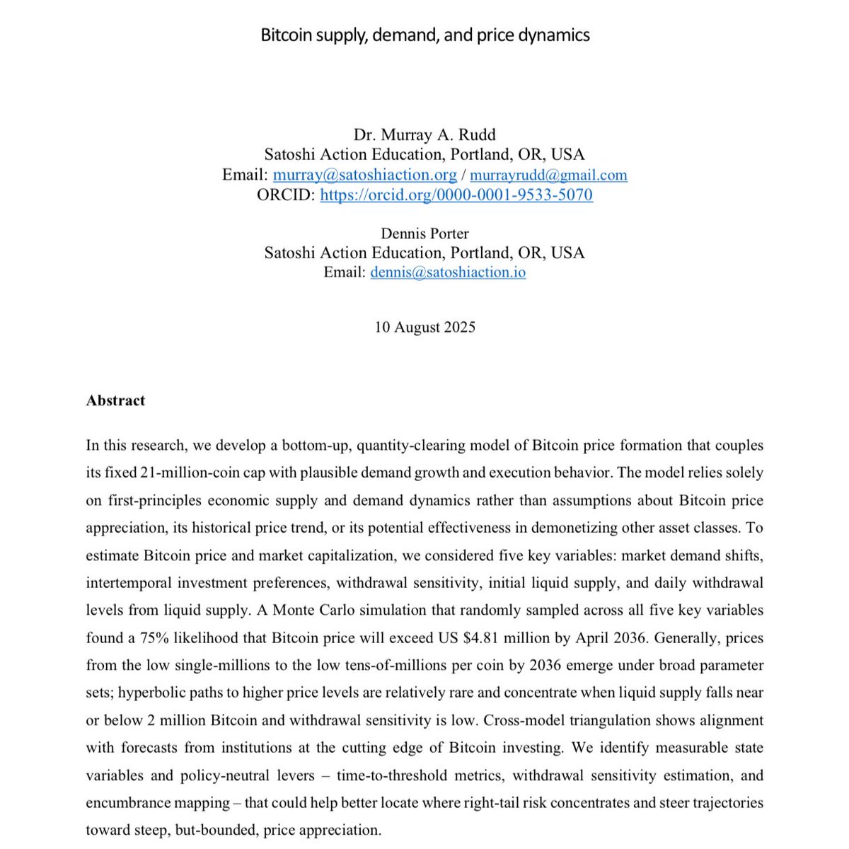 Dennis_Porter_'s tweet photo. YOU NEED TO READ THIS. 

A new paper using the “Supply and Demand” model shows that Bitcoin could reach $10,000,000 per coin in less than 6 years and $20,000,000 per coin in 10 years. 

That bullish case would result in a nearly 17,000% increase in price. 

👏 @DrMurrayRudd. https://t.co/Q3t7guMGz5