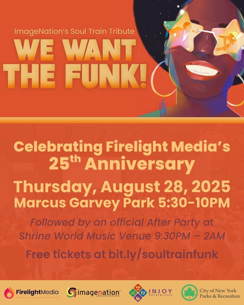 WE WANT THE FUNK!, FREE outdoor screening on Thursday, August 28, 2025, at Marcus Garvey Park (5:30 PM – 10:00 PM), followed by an official After Party at Shrine World Music Venue (9:30 PM – 2:00 AM). Get your tickets now!  bit.ly/4lPsESi