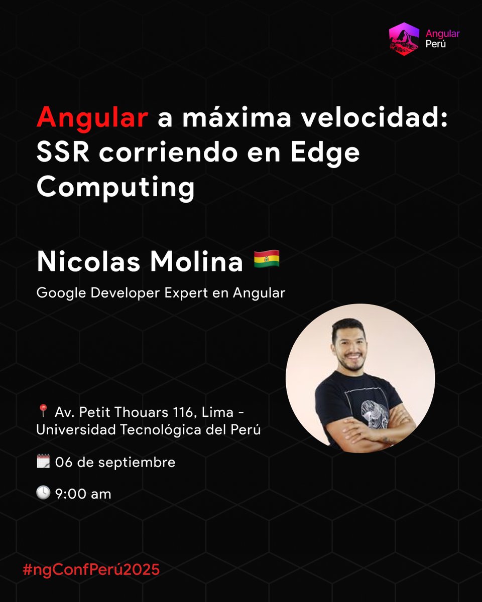 AngularPeruNG's tweet image. 🚀 @nicobytes  en #ngConfPerú2025
📅 06/09 – &quot;Angular a máxima velocidad: SSR en Edge Computing&quot;
🔥 ¡No te lo pierdas!
🎟️ ngconf.angular-peru.com/ticket-confirm…