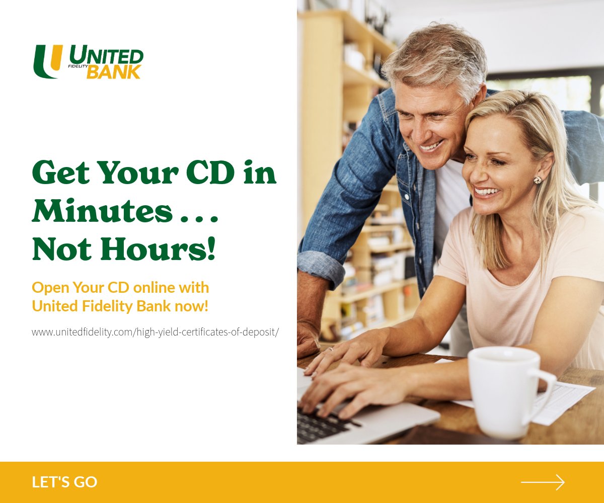 united_fidelity's tweet image. Get Your CD in Minutes, Not Hours!

We know your time is precious! That’s why opening a Certificate of Deposit online with United Fidelity Bank is designed to be super quick.

Get set up in just a few minutes and start earning!

unitedfidelity.com/high-yield-cer…

#CDRates #BankNearMe