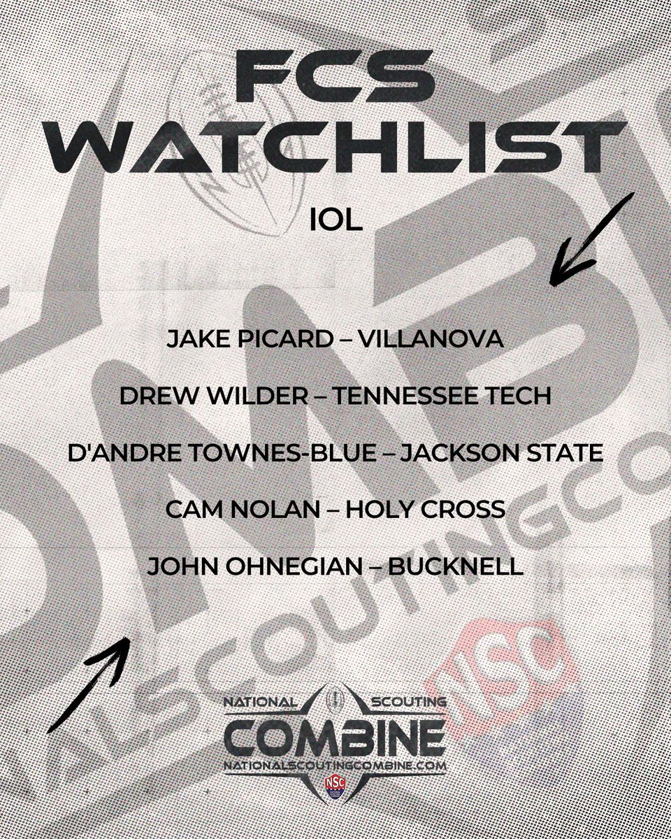 National Scouting Combine (@nscombine) on Twitter photo FCS Watchlist Week 10 😎
You're on our radar!
<a href="/JakePicard/">Jake Picard</a>
<a href="/dwild1414/">Drew Wilder</a>
<a href="/DandreBlue/">D’Andre Townes Blue</a>
<a href="/nolan_cam/">Cam Nolan</a>
<a href="/johnohnegian/">John Ohnegian</a>
nationalscoutingcombine.com
#NSCombine #DraftEligible #Showcase #Testing #Drills #Scoring #ProFootball #FCS FCS Watchlist Week 10 😎
You're on our radar!
<a href="/JakePicard/">Jake Picard</a>
<a href="/dwild1414/">Drew Wilder</a>
<a href="/DandreBlue/">D’Andre Townes Blue</a>
<a href="/nolan_cam/">Cam Nolan</a>
<a href="/johnohnegian/">John Ohnegian</a>
nationalscoutingcombine.com
#NSCombine #DraftEligible #Showcase #Testing #Drills #Scoring #ProFootball #FCS