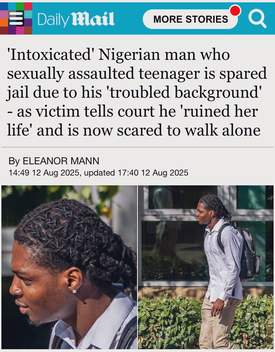 Don’t you dare tell me that we don’t have two tier justice in this country.

‘ Troubled background ‘ excuse gets Nigerian man out of a jail sentence for sexual assault.

THE UK LEGAL SYSTEM HAS GONE ROGUE ‼️