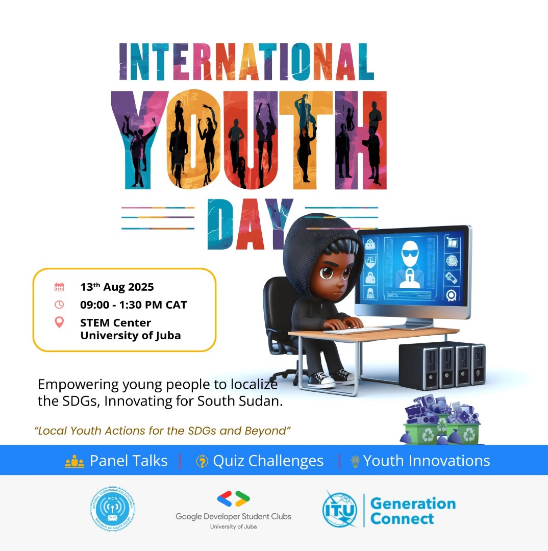 Empowering young people to localize the SDGs &amp; innovate for South Sudan. 

Join us for:
👥 Panel Talks | 🧠 Quiz Challenges and more

Let's drive #LocalYouthActions for the #SDGs and beyond! 🌟
#InternationalYouthDay #YouthInnovation #SouthSudan #generationconnect #ssox  #tech