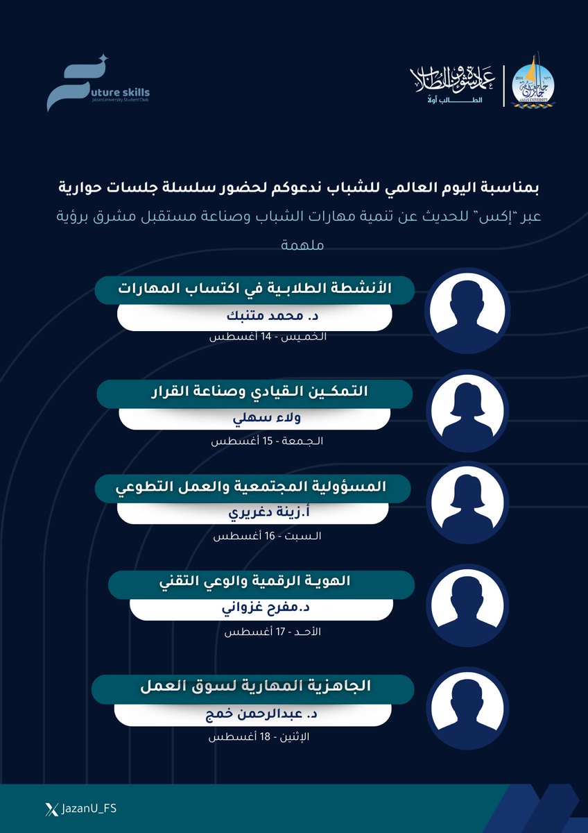JazanU_FS's tweet photo. “قصص النجاح تبدأ برؤية… وأجملها تلك التي تصنعها أيدٍ تؤمن بقدراتها.” – سمو ولي العهد 🇸🇦✨

اليوم، في #اليوم_العالمي_للشباب، نحن الحلم الذي كبر… والطموح الذي لا يهدأ…
نقف على أرض وطنٍ يؤمن بنا، ونمضي بخطى واثقة نحو مستقبل نصنعه نحن، بوعينا، وإبداعنا، وعزيمتنا. https://t.co/6i1RBxrGUU