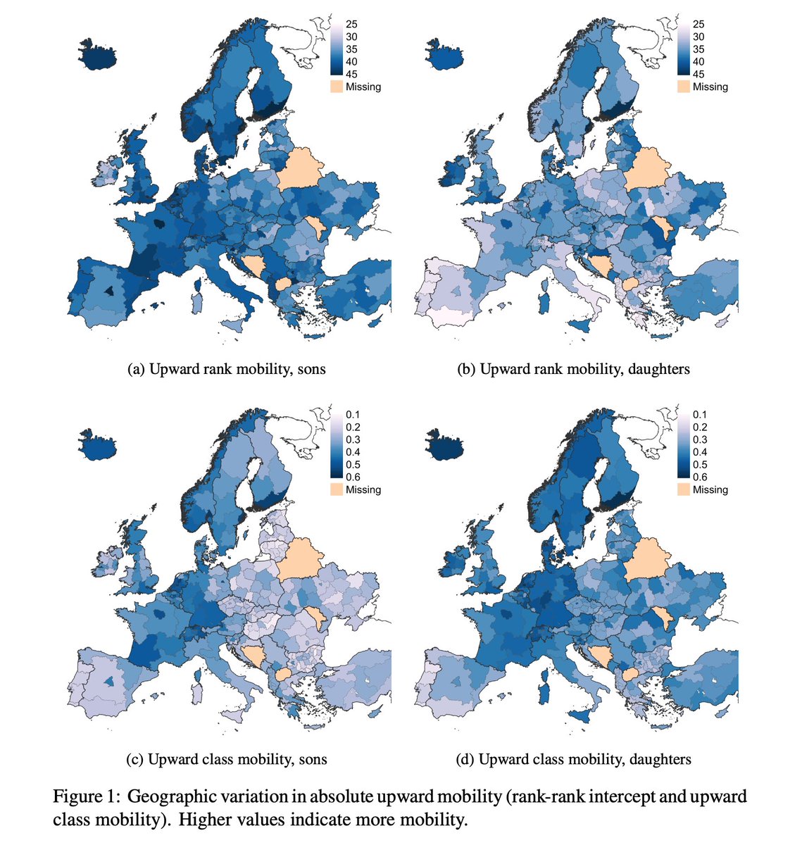 Upward mobility in Europe.* 

*darker=more upward mobility

What stands out to you?