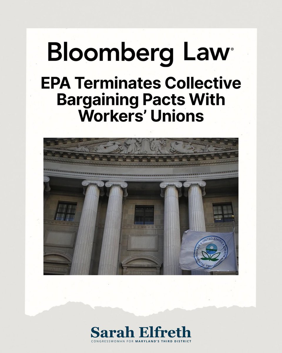 Congresswoman Sarah Elfreth (@repsarahelfreth) on Twitter photo Once again, the Trump Administration is attacking our expert scientists with the EPA Administrator unilaterally eliminating nearly all collective bargaining actions at the agency. This decision means more than 8,000 employees will no longer have their labor contracts recognized Once again, the Trump Administration is attacking our expert scientists with the EPA Administrator unilaterally eliminating nearly all collective bargaining actions at the agency. This decision means more than 8,000 employees will no longer have their labor contracts recognized