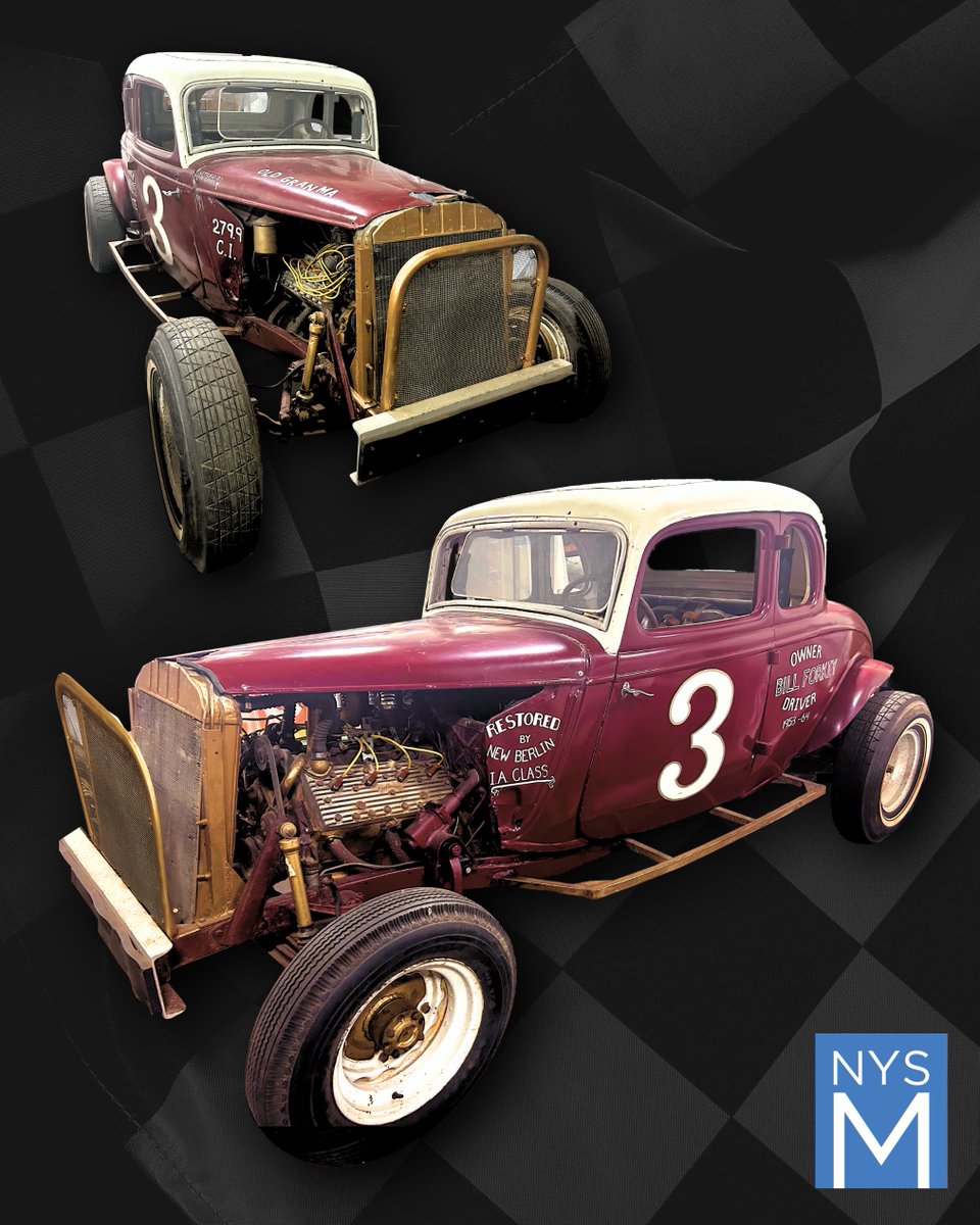 nysmuseum's tweet photo. #FromtheCollections:
🏁 Buckle up! This ’34 Ford stock car rebuilt by Bill Forkey in the 1950s went from junkyard wreck to victory at Glen Aubrey & Midstate Speedways, until its brakes were outlawed in ’64. Restored in the ’80s, it now lives in the NYSM’s History Collection. https://t.co/t3BW2cIZnm