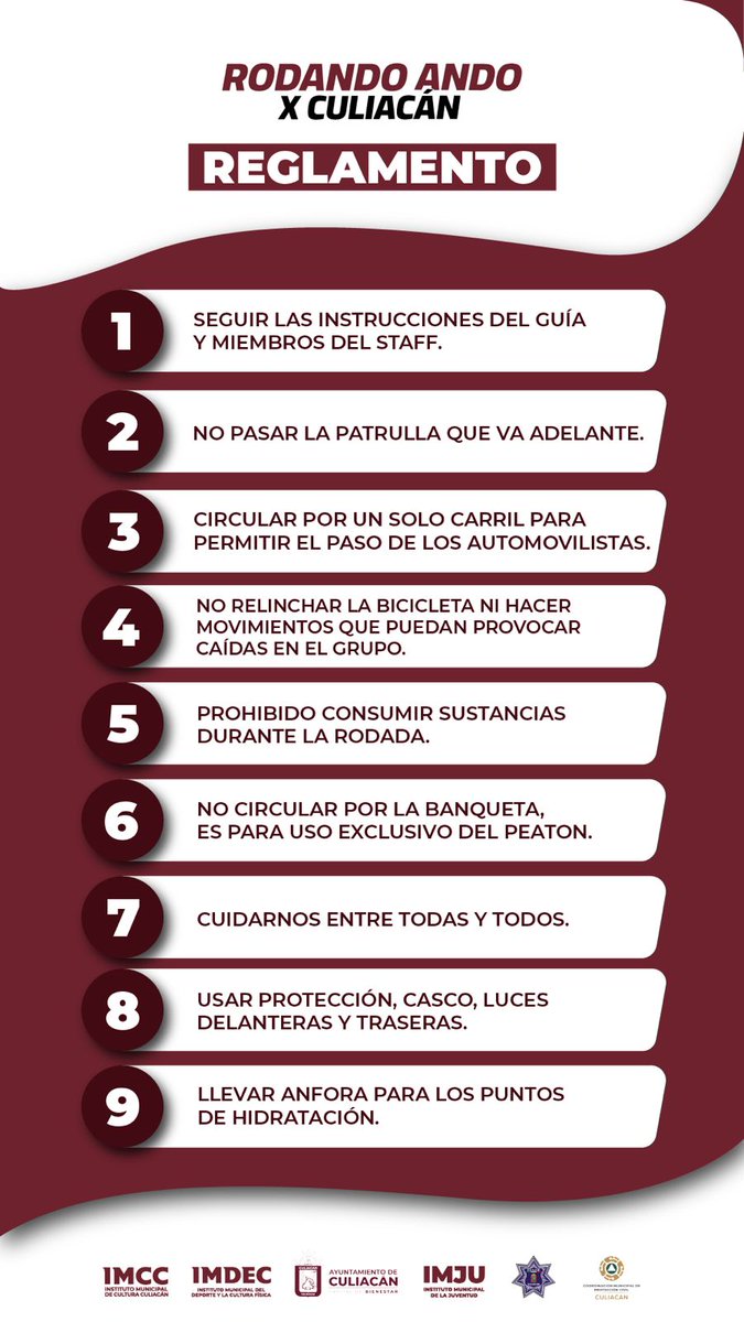 SSPyTM_Culiacan's tweet image. 🚴♀️ ¡Rodando Ando x Culiacán! 🚴♂️

📅 Jueves 14 de agosto
📍 Punto de encuentro, salida y meta: Estacionamiento del Zoo de Culiacán
🕔 Encuentro: 5:00 pm | Salida: 6:00 pm

✅ Usa casco, rodilleras y coderas
✅ Lleva tu bebida rehidratante

#SSPyTMCuliacán
#CapitalDeBienesta
