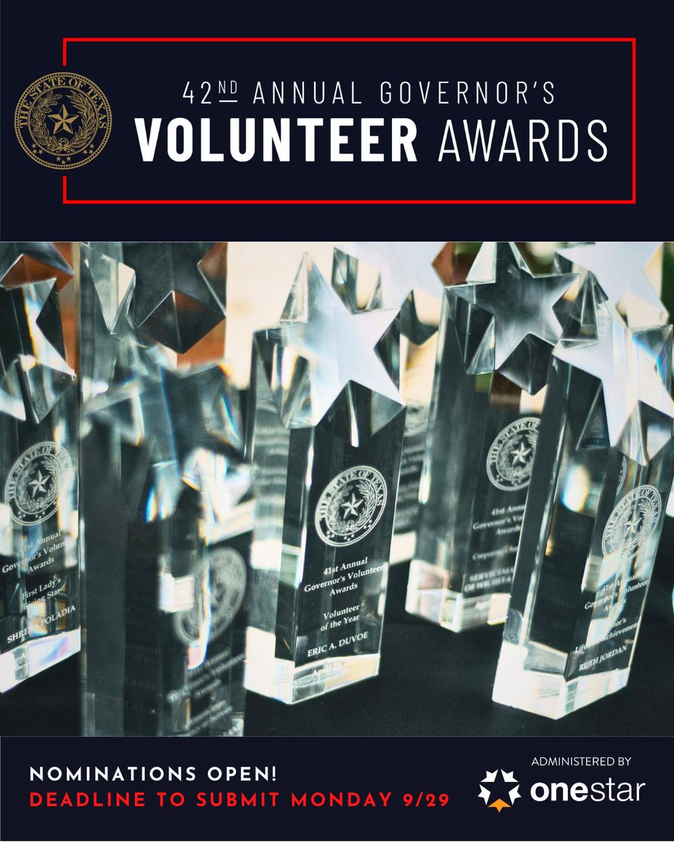 OneStar (@onestarfdn) on Twitter photo 🚨 Help us celebrate Texas’ most inspiring changemakers! 🏆🌟 Nominate outstanding volunteers, nonprofits & businesses for the 42nd Annual Governor’s Volunteer Awards. ⏱️ Deadline to submit: Mon, Sept 29
Nominate ➡️ onestarfoundation.org/governors-volu…
<a href="/GovAbbott/">Greg Abbott</a> <a href="/TexasFLCA/">Cecilia Abbott</a> 🚨 Help us celebrate Texas’ most inspiring changemakers! 🏆🌟 Nominate outstanding volunteers, nonprofits & businesses for the 42nd Annual Governor’s Volunteer Awards. ⏱️ Deadline to submit: Mon, Sept 29
Nominate ➡️ onestarfoundation.org/governors-volu…
<a href="/GovAbbott/">Greg Abbott</a> <a href="/TexasFLCA/">Cecilia Abbott</a>
