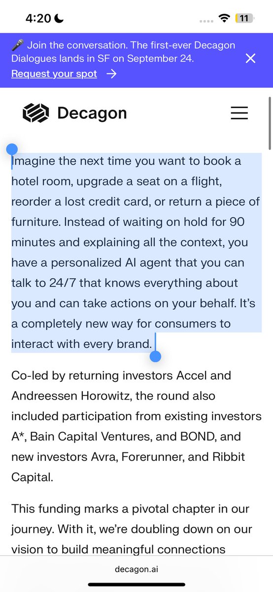 Screenshot of Decagon AI Series C funding announcement highlighting Ribbit Capital as a new investor