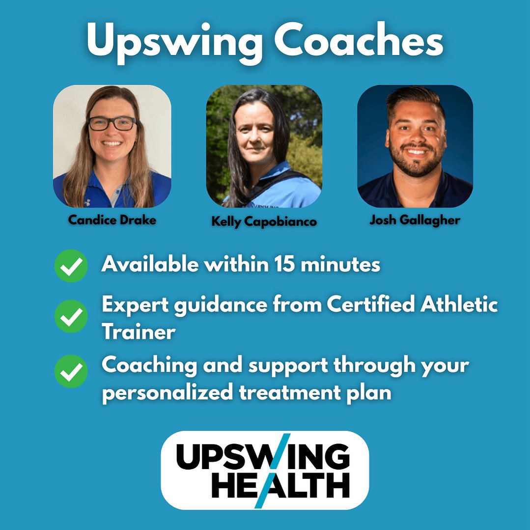 upswinghealth's tweet photo. Meet your Upswing Coaches! Our certified athletic trainers — Candice Drake, Kelly Capobianco, and Josh Gallagher — are here to guide you every step of the way.

- Available within 15 minutes
- Expert injury guidance
- Personalized coaching and treatment plans

#UpswingHealth https://t.co/rzWC9n2Z7h