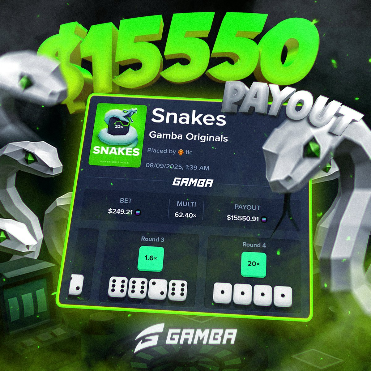 Sssssssssssssssss 🐍

Check out this $15,000+ $SOL win on Snakes, one of our newer Gamba Originals. 🤑

This player took advantage of the 4-dice mode and cashed out a beautiful 62.4× 💨

Comment Gamba usernames below if you need some juice to give Snakes a roll! 🎲