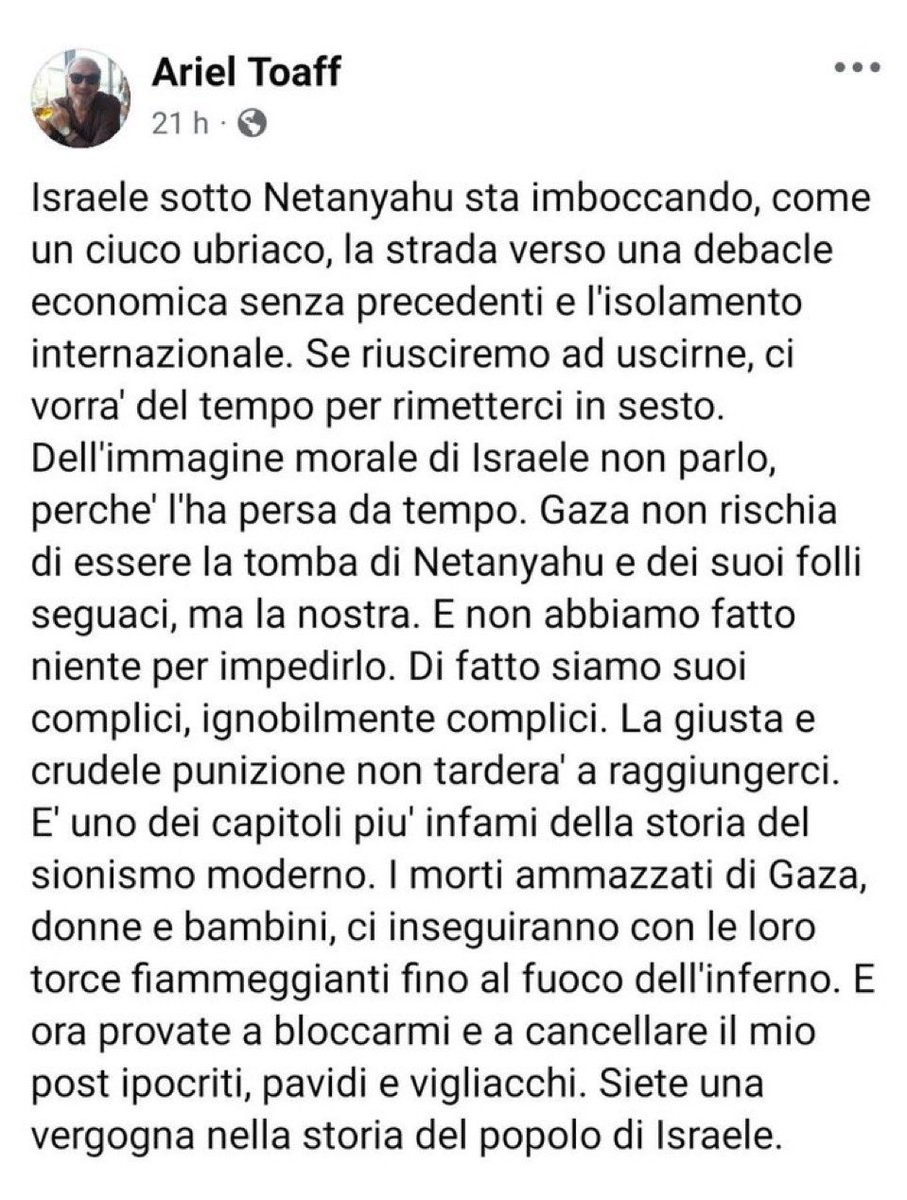 Fabio Lazza (@fabopolis) on Twitter photo Israele ha una responsabilità morale: per questo rischia di fallire
Dice Segre nell’intervista a <a href="/nelloscavo/">nello scavo</a>
Sotto le parole anche di Toaff.
Qualcuno li bollerà come pazzi antisemiti? Israele ha una responsabilità morale: per questo rischia di fallire
Dice Segre nell’intervista a <a href="/nelloscavo/">nello scavo</a>
Sotto le parole anche di Toaff.
Qualcuno li bollerà come pazzi antisemiti?