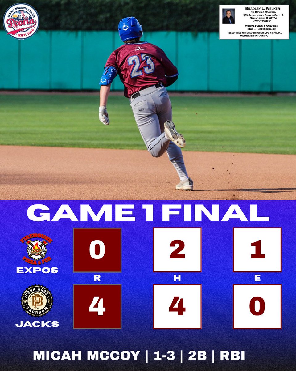 Peoria Sunday Morning League Championship Series Scoreboard - Game 1 - 8/11 

Presented by CR Davis &amp; Company

The Pour Bros. Jacks claim Game 1 as the series continues tonight at 6:00 P.M. at Dozer Park -  Home of the Peoria Chiefs

🎟️FREE ADMISSION. CONCESSIONS OPEN!