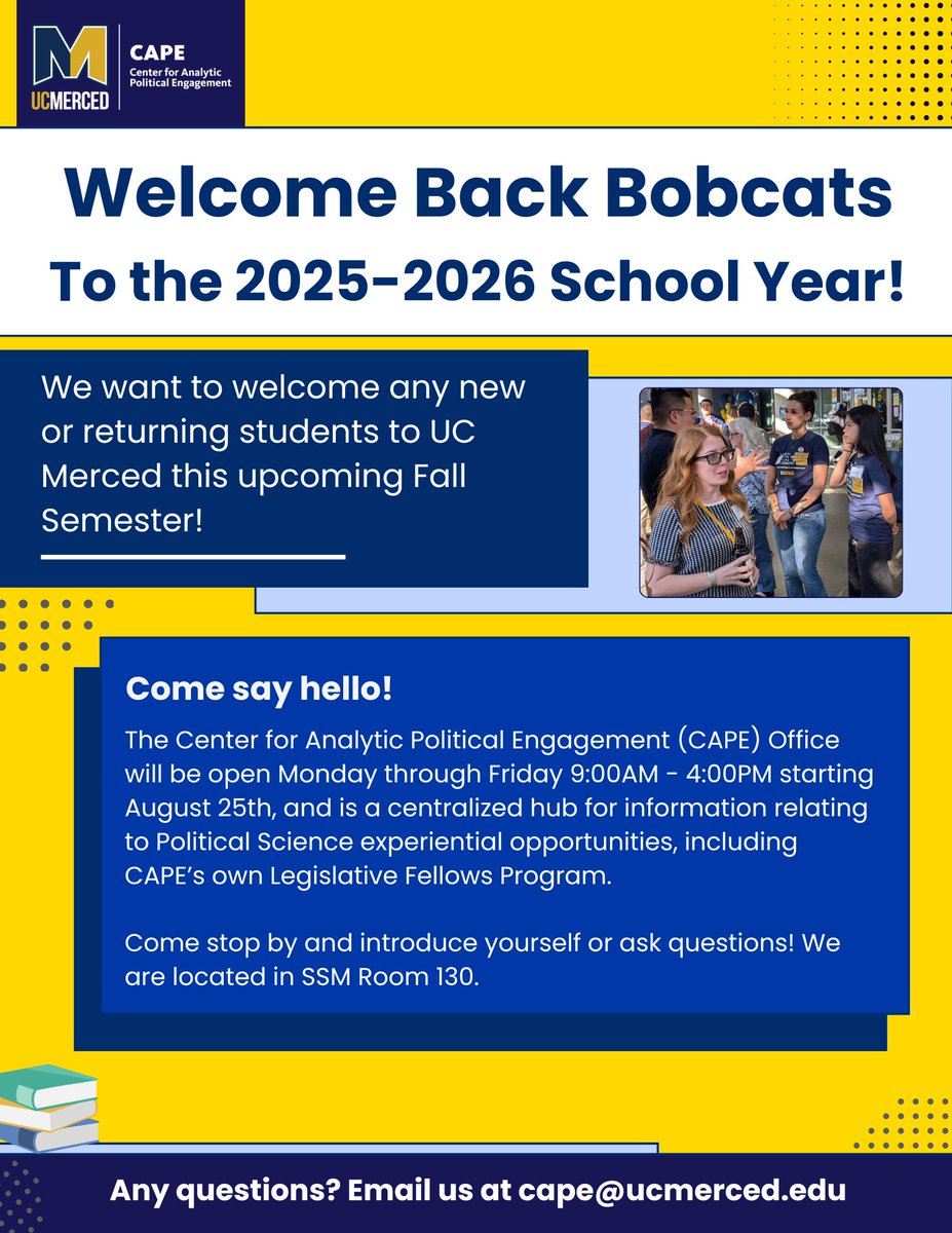 We want to welcome everyone to the upcoming Fall 2025 semester! Feel free to stop by the CAPE office and introduce yourself or ask about internships, programs, research, or experiential opportunities relating to political science.
 
#UCMercedCape #Political_Science #UCMerced