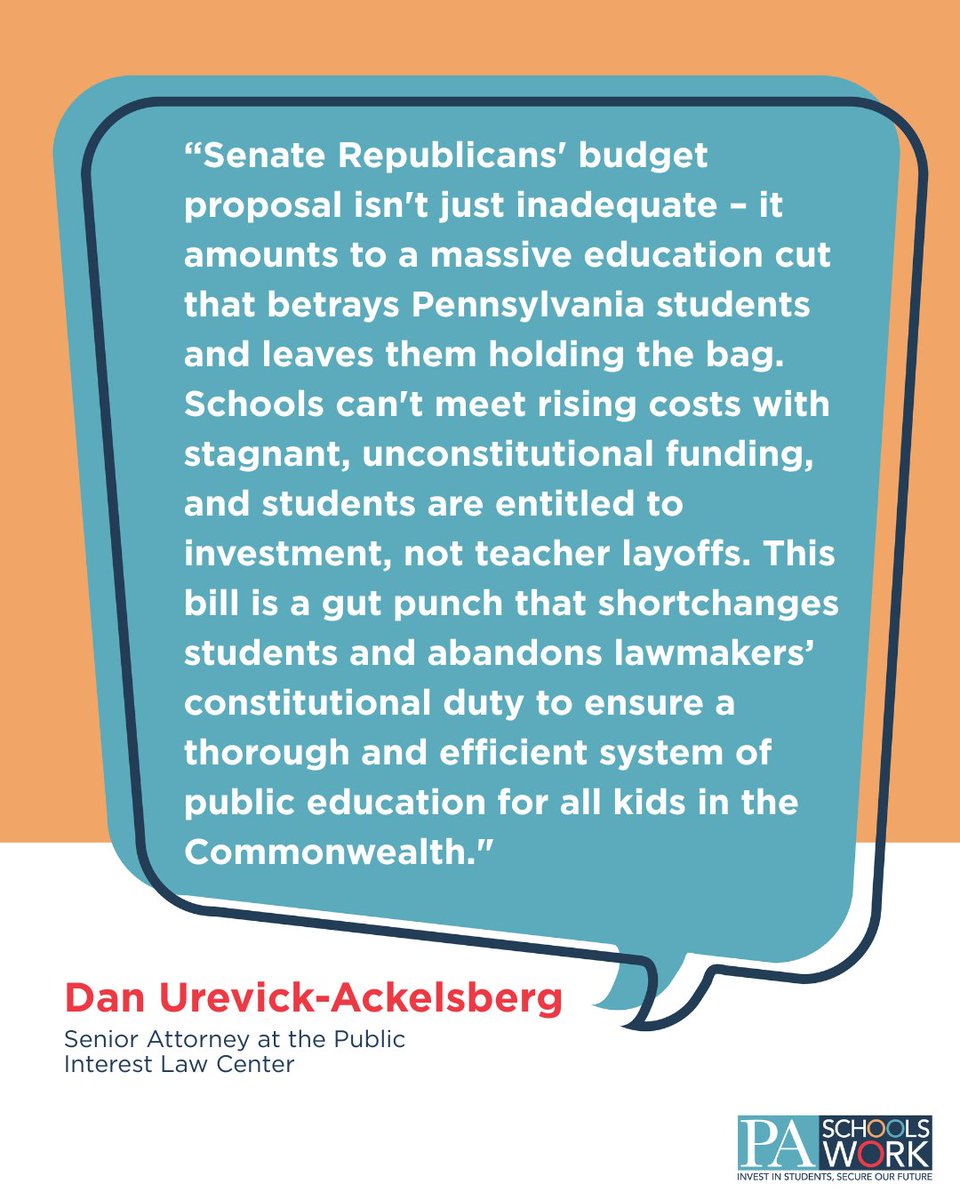 PA Schools Work (@paschoolswork) on Twitter photo PA Schools Work condemns the flat budget passed by <a href="/PASenateGOP/">PA Senate Republicans</a>, which would be a devastating cut to public education funding in Pennsylvania. This unserious budget proposal effectively reverses the progress made in addressing educational inequity.
<a href="/PubIntLawCtr/">Public Interest Law Center</a> PA Schools Work condemns the flat budget passed by <a href="/PASenateGOP/">PA Senate Republicans</a>, which would be a devastating cut to public education funding in Pennsylvania. This unserious budget proposal effectively reverses the progress made in addressing educational inequity.
<a href="/PubIntLawCtr/">Public Interest Law Center</a>