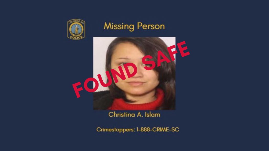 #Update #ColumbiaPDSC Special Victims Unit (SVU) investigators have located a woman who was previously reported as missing on 7/30/25. 31-year-old Christina Islam has been found safe &amp; in good health.