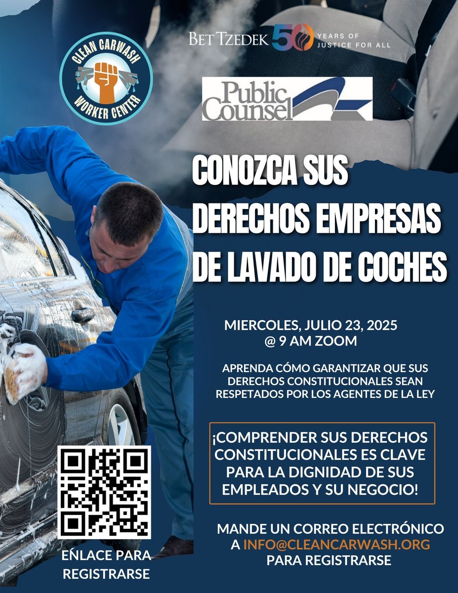 Bet Tzedek (@bettzedek) on Twitter photo Webinar for Car Wash Businesses next week! Own or manage a car wash? Join us next Tuesday, August 19 at 9 a.m. to learn how to protect your constitutional rights as an employer/manager when facing government agents at the workplace.
Register by emailing: info@cleancarwash.org Webinar for Car Wash Businesses next week! Own or manage a car wash? Join us next Tuesday, August 19 at 9 a.m. to learn how to protect your constitutional rights as an employer/manager when facing government agents at the workplace.
Register by emailing: info@cleancarwash.org