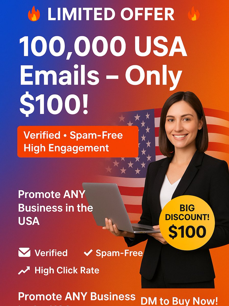 🔥 100,000 VERIFIED USA Emails – Only $100!
📩 Spam-Free | High Engagement | Works for ANY Business
🚀 Target the RIGHT audience &amp; boost your sales today!
⏳ Limited Time Offer – DM Now!

#USAMarketing #EmailMarketing #LeadGeneration #USABusiness #HighClickRate #SmallBusinessUSA