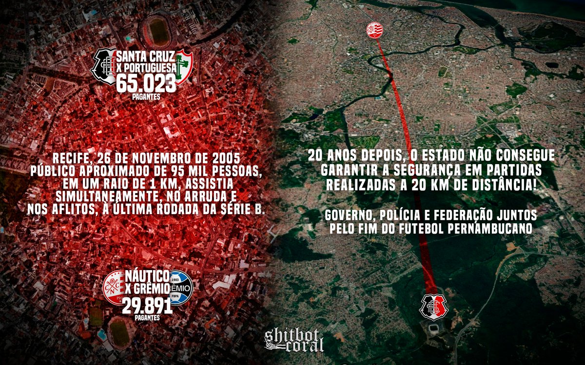 26 de novembro de 2005, o dia que ficou na história do futebol pernambucano. Santa Cruz quase foi campeão da Série B se não fosse pela vergonha passada pelo Náutico a pouco mais de 1km de distância.

De quem é a culpa por esse retrocesso: Governo do Estado, Polícia, federação,
