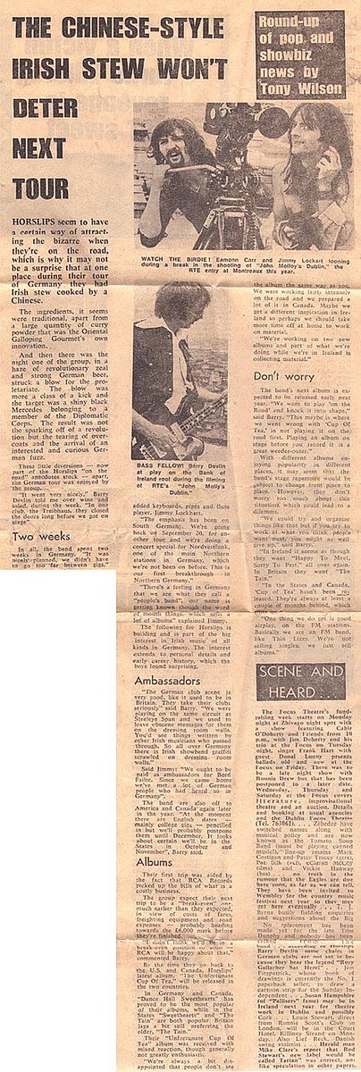 Tony Wilson wrote about #Horslips 14th August 1975. His template for this article has been much copied in the 50 years since. Not! 
You start cooking Chinese Irish Stew, end with Thin Lizzy, and travel the world with Horslips in between. 
Dizzy!