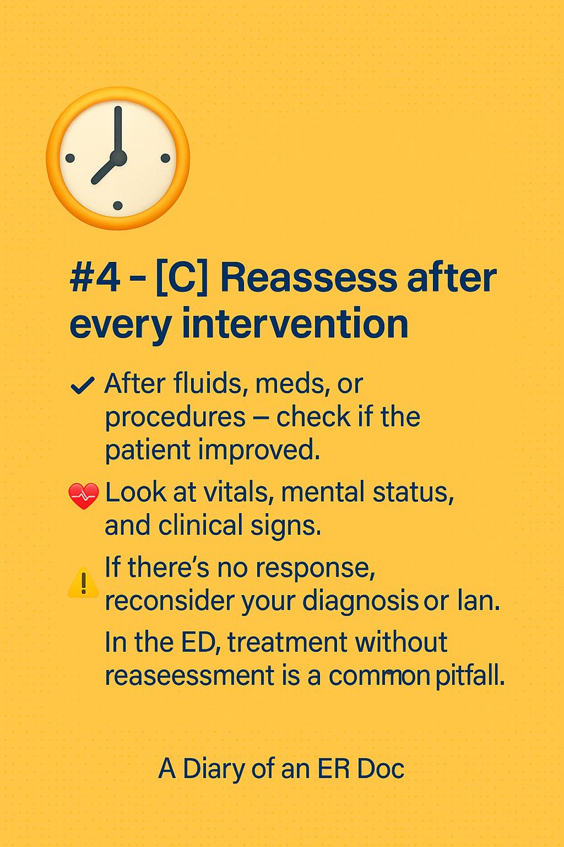 DiaryDoc's tweet image. #4 – [C] Reassess after every intervention
Fluids, meds, procedures — always check if the patient improved.
Vitals, mental status, clinical signs.
No change? Rethink your plan.

#EmergencyMedicine #FOAMed #CriticalCare
