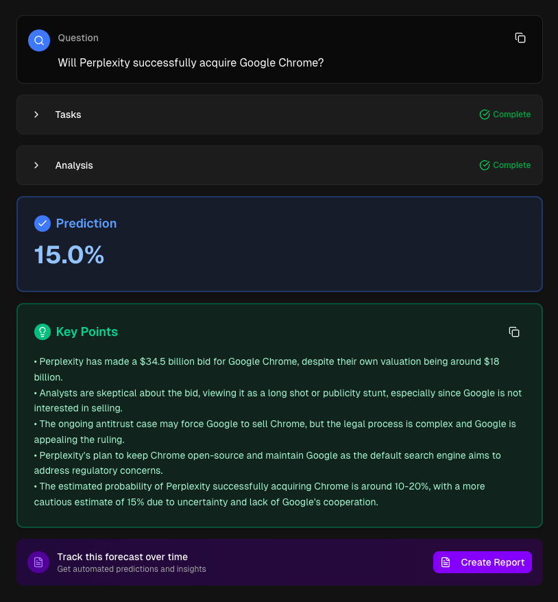 Perplexity's offer to acquire Google Chrome is bold though unlikely to come to fruition. Latest prediction from <a href="/lightningrodai/">Lightning Rod Labs</a>