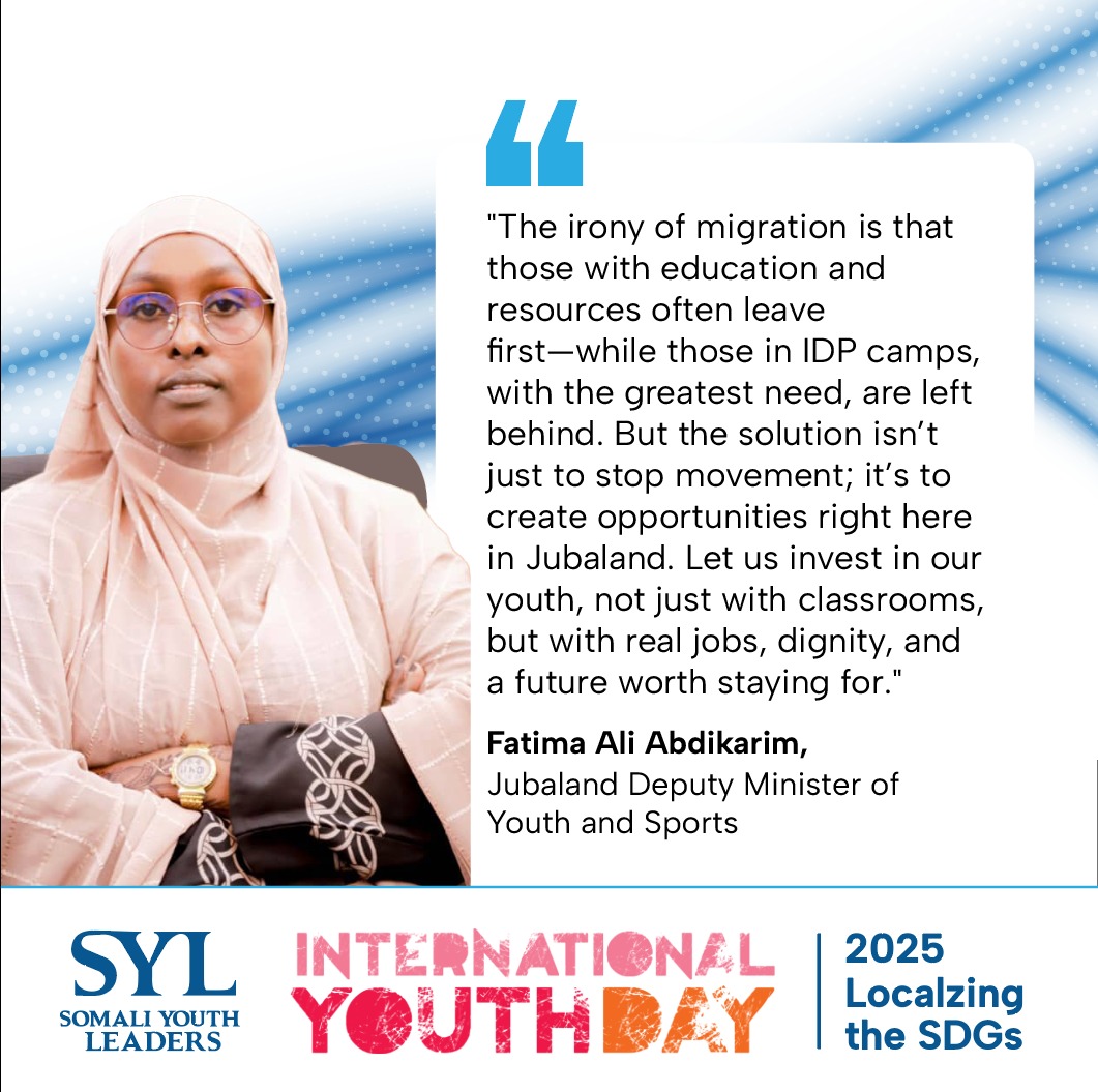 Somali Youth Leaders 🇸🇴 (@somaliyleaders) on Twitter photo 📢 "The irony of migration? Those who can leave, do—while those who need change most are left behind." — Fatima Ali Abdikarim, Deputy Minister of Youth & Sports, Jubaland.
#IYD2025 #JubalandRising #InvestInYouth <a href="/UNFPA_SOMALIA/">UNFPASomalia</a> <a href="/UNYouthAffairs/">UN Youth Office</a> <a href="/AUYouthProgram/">African Union Youth Program</a> <a href="/EAYNOfficial/">East African Youth Network</a> 📢 "The irony of migration? Those who can leave, do—while those who need change most are left behind." — Fatima Ali Abdikarim, Deputy Minister of Youth & Sports, Jubaland.
#IYD2025 #JubalandRising #InvestInYouth <a href="/UNFPA_SOMALIA/">UNFPASomalia</a> <a href="/UNYouthAffairs/">UN Youth Office</a> <a href="/AUYouthProgram/">African Union Youth Program</a> <a href="/EAYNOfficial/">East African Youth Network</a>