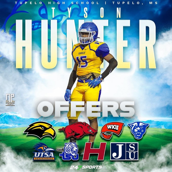 Chris Brooks (@msgridiron) on Twitter photo Our preseason no. 1 team is Tupelo but this is crazy. These are their three running backs, one in each class with SEC offers. Senior MSU commit <a href="/JaedenHill5/">Jaeden “JJ” Hill</a> , junior <a href="/kylanbobo1/">Kylan “29” Bobo ✞</a> and sophomore <a href="/TysonHunter157/">Tyson Hunter</a> . That's a lot of scholarship offers for <a href="/TupFB/">Tupelo High Football</a> . Our preseason no. 1 team is Tupelo but this is crazy. These are their three running backs, one in each class with SEC offers. Senior MSU commit <a href="/JaedenHill5/">Jaeden “JJ” Hill</a> , junior <a href="/kylanbobo1/">Kylan “29” Bobo ✞</a> and sophomore <a href="/TysonHunter157/">Tyson Hunter</a> . That's a lot of scholarship offers for <a href="/TupFB/">Tupelo High Football</a> .