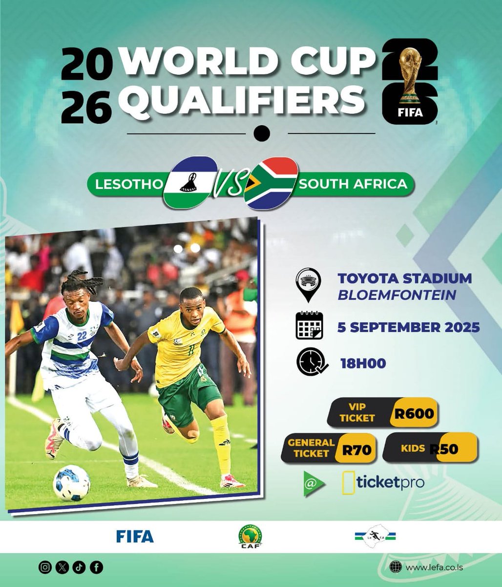 FootballLesotho's tweet photo. Toyota Stadium will host the 2026 World Cup Qualifier showdown between Lesotho and South Africa on September 5. The match will kick-off at 18h00 and the tickets are selling at TicketPro outlets such as Spar, SuperSpar, Shell and BP Garages at M70. https://t.co/NLONp0Gyji