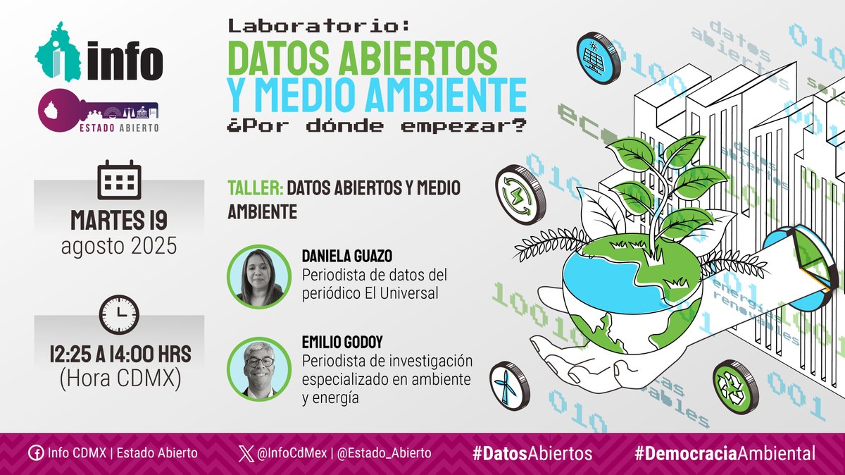 🌍 #DemocraciaAmbiental | 🔎 ¿Te gustaría aprender a utilizar #DatosAbiertos para promover el cuidado del planeta? 🌿 ¡Este taller es para ti! 🙌🏽

🗓️19 de agosto | 🕚 11:00–14:00 hrs
Impartido por: <a href="/DanGuazoM/">Daniela Guazo</a> <a href="/periodistagodoy/">periodistagodoy.bsky.social</a>

🔗 ¡Regístrate ahora! goo.su/86CUeOs