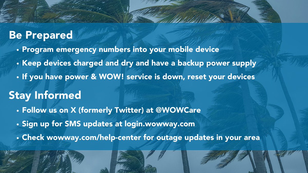 We are closely monitoring Tropical Storm Erin as it moves toward the southeastern U.S. Should a service disruption occur, WOW! will mobilize our teams as quickly as possible. Updates will be provided on social media as the situation evolves. Stay safe!