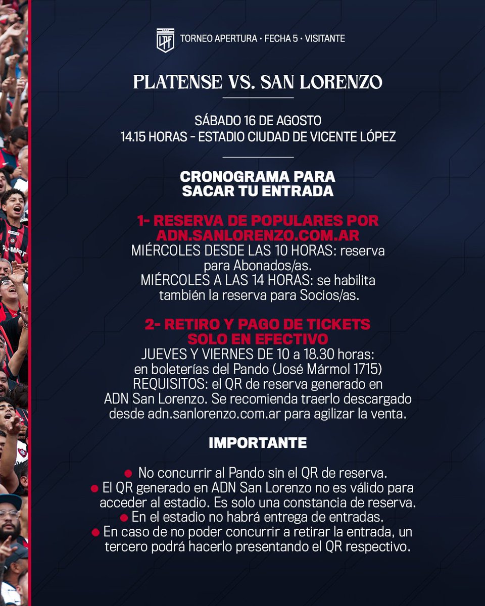 SanLorenzo's tweet photo. Entradas 🆚 Platense

El sábado, en Vicente López, San Lorenzo jugará con el apoyo de su gente: habrá venta de populares para visitantes. ¡Y ahí vos tenés que estar! 💙❤️

La venta es realizada por Deportick, que resolvió que el expendio para visitantes sea solo presencial y con único medio de pago en efectivo. Para mayor comodidad y seguridad de sus socios/as, San Lorenzo puso a disposición sus boleterías en Boedo y resolvió este cronograma de reserva y retiro de localidades: 

📅 RESERVA ONLINE: mañana miércoles, desde las 10 horas, exclusiva para ABONADOS/AS segundo semestre 2025. A partir de las 14, se habilitará también para SOCIOS/AS, en caso de existir un remanente.

Reservá tu ticket acá: ➡️ https://t.co/W1HCspcTiL 

👉 Si aún no te registraste en https://t.co/W1HCspcTiL, la nueva plataforma digital del Ciclón, hacelo ya con el mismo correo electrónico utilizado en MiCASLA.

📅 PAGO Y RETIRO DE TICKETS: jueves y viernes, de 10 a 18.30, en el Polideportivo Pando (José Mármol 1715).

Requisito: presentar el QR de reserva. Para agilizar la venta se recomienda traerlo ya descargado desde https://t.co/W1HCspcTiL

👉  Valor entradas populares: $ 35.000. Único medio de pago: EFECTIVO.

🎟️ ENTRADAS PARA PERSONAS CON DISCAPACIDAD: comunicarse  al WhatsApp +54 9 11 3561 4649.

Para más info y reserva de tickets entrá acá ➡️ https://t.co/0MBGBPWJUJ