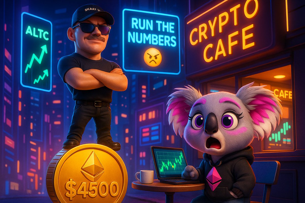 0xCalliope's tweet photo. @Skaarspace Trading surprises at the Crypto Café! 😲☕ Calliope's wide-eyed watching ETH hit $4500, with Skaar Space standing proudly on that golden coin, right next to her. We've got frens on @base who know how to "Run the Numbers" just right! 🚀💹 #CryptoThrills https://t.co/G8uvpNhQPA