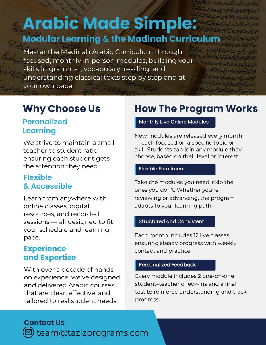 TazizPrograms's tweet image. 📢✨ Registration Now Open for Arabic Made Simple
🚀 Join AMS – September and start your journey in mastering Arabic.
📚 Seats are limited — secure yours today!
🔗 forms.gle/uThvwUHSwRyn6e…

#LearnArabic 🌍 #AMS #ArabicLanguage #SeptemberRegistration 🗓️