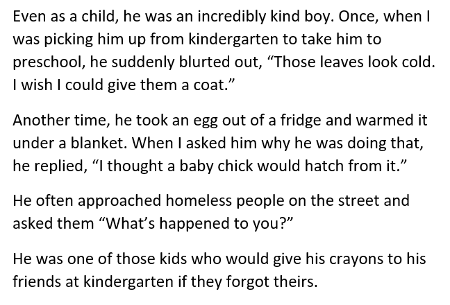 well, i'm reading Masako Mori's book rn, and it has some interesting moments

i think i'll share some parts as i read

the story about Taka: