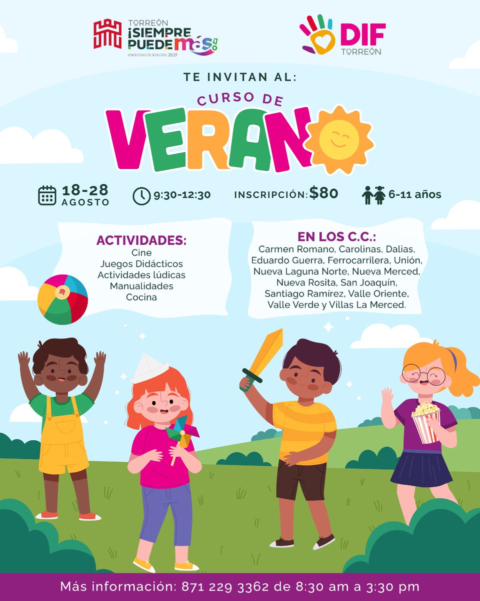 🌞🎨 ¡Diversión, aprendizaje y amigos nuevos! 🎲🎬

Del 18 al 28 de agosto, DIF Torreón invita a niñas y niños de 6 a 11 años a participar en los Cursos de Verano en nuestros Centros Comunitarios.

DIF #SiempreContigo 🩷
#MiQueridoTorreónAhoraTeQuieroMás