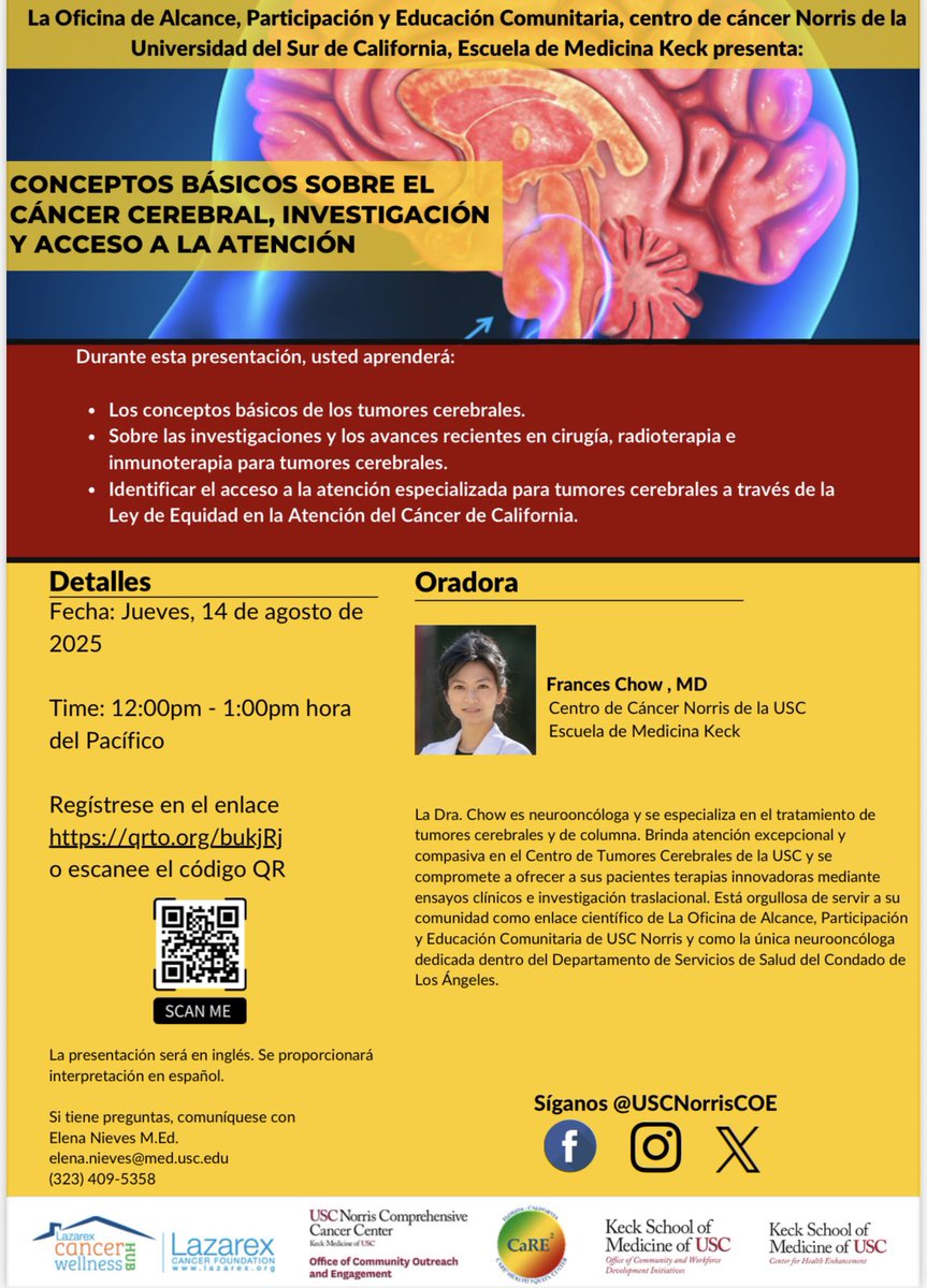 Join our webinar on “Brain Cancer Basics, Research, &amp; Access to Care” next Thursday, Aug 14, from 12:00 pm to 1:00 pm PST! 🧠🤍 English presentation with Spanish interpretation available. 

Register now: qrto.org/bukjRj

#BrainCancerAwareness