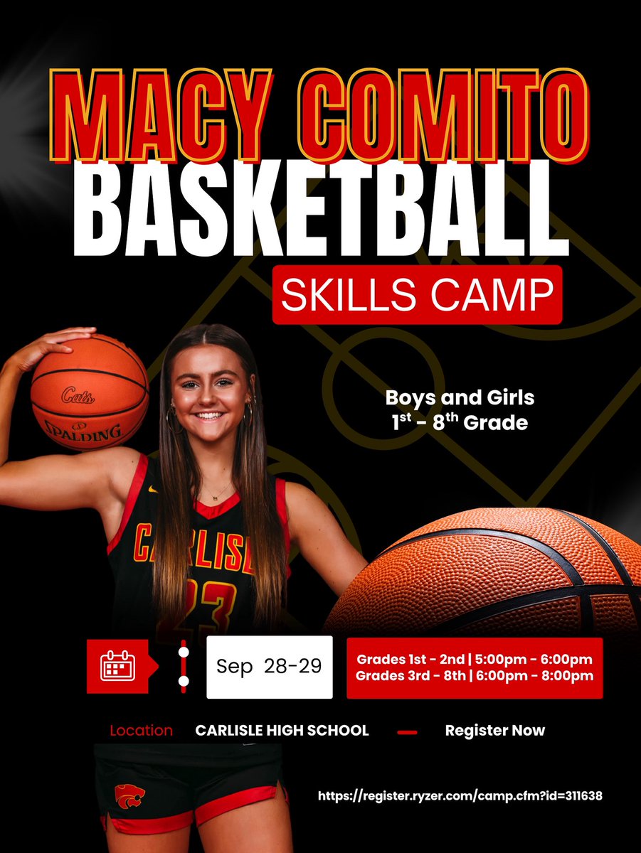 MacyComito's tweet image. Come hoop with us! 🏀 
So excited to be able to host a clinic and give back to a program and community that has given so much to me! All funds go to the Carlisle GBB program! Everyone is welcome, would love to see you there! 🐱❤️ 
SIGN UP HERE
register.ryzer.com/camp.cfm?id=31…