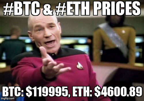 📈 **Market Update** 📉

- #Bitcoin : $119995
- #Ethereum : $4600.89

Stay informed!