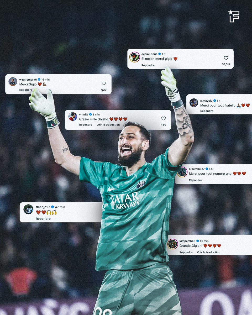 Sous le post d’adieux de Gianluigi Donnarumma 🇮🇹, plusieurs joueurs du PSG ont tenu à lui laisser un mot. ❤️📝

Un dernier mot pour saluer son passage à Paris et les moments partagés ensemble. 👋🏽💬