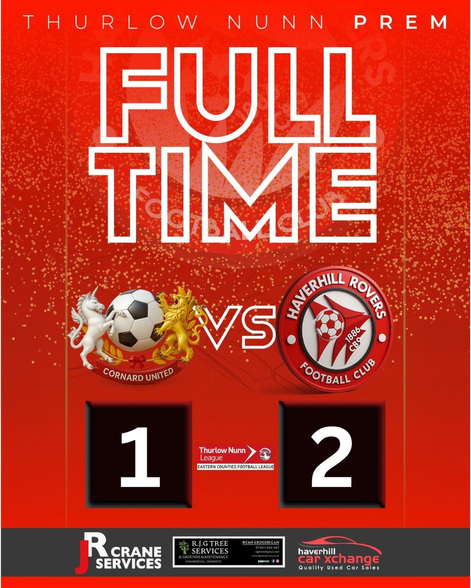 Final whistle goes.

2-1 win at Cornard with Alfie Pinyoun equalising in first half added time and <a href="/tomthulborn/">Tom Thulborn</a> with a winner in the second half.

Next up is the FA Cup at Ely on Saturday.

See you then!

#WeAreRovers