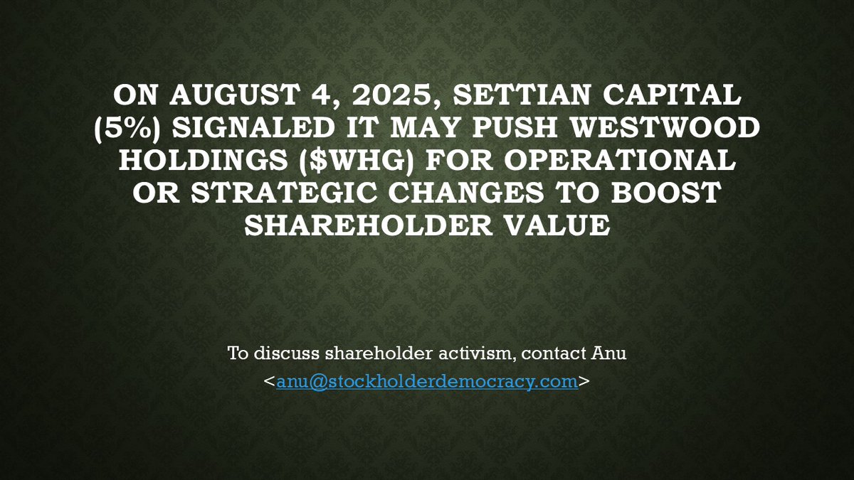 Settian Capital May Push for Operational or Strategic Changes at Westwood Holdings Group Inc $WHG

On August 4, 2025, Settian Capital disclosed a 5% stake in Westwood Holdings Group Inc $WHG, signaling potential engagement with the company’s management to propose actions aimed at