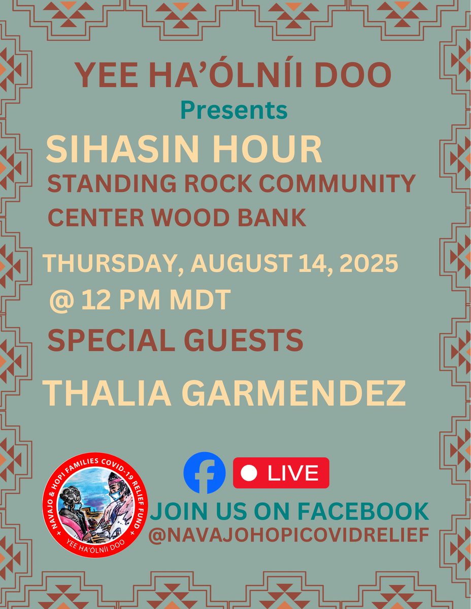 Sihasin Hour – Standing Rock Community Center Wood Bank 🔥
📅 Thurs, Aug 14, 2025
🕛 12 PM MDT
🎥 Live on FB @NavajoHopiCovidRelief
Special guest: Thalia Garmendez
Learn how this program is keeping elders &amp; families warm — and how you can help!
#SihasinHour #WoodBank #Navajo