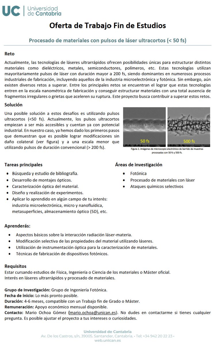 ¡Ofrecemos una práctica remunerada compatible con TFG/TFM en láseres ultrarrápidos y procesado de materiales!
