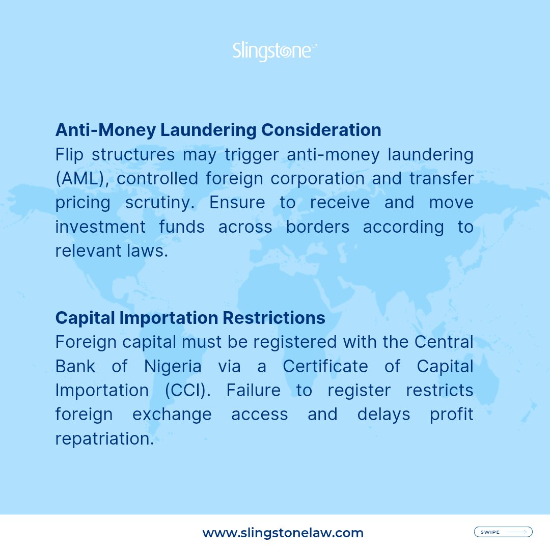 SlingstoneLaw's tweet photo. Ready to flip your startup?

We wrap up our series on flips with key considerations for a successful transition, featuring regulatory compliance, tax,  AML requirements, and capital importation processes.

Swipe through and connect with us if you have questions. #Startup #Tech #Growth