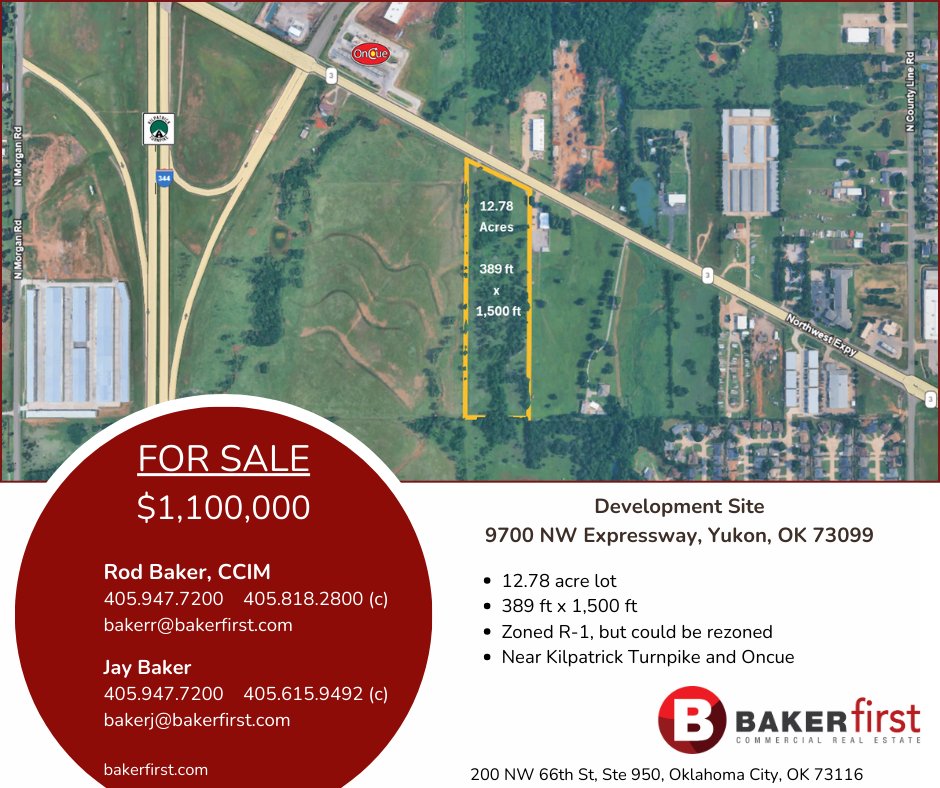 bakerfirst's tweet image. 12.78 acre lot For Sale 9700 NW Expressway, Yukon, OK. 389 ft x 1,500 ft. Zoned R-1, but could be rezoned. Near Kilpatrick Turnpike and OnCue. #cre #land #developmentsite #okc #yukon
loopnet.com/Listing/9700-N…