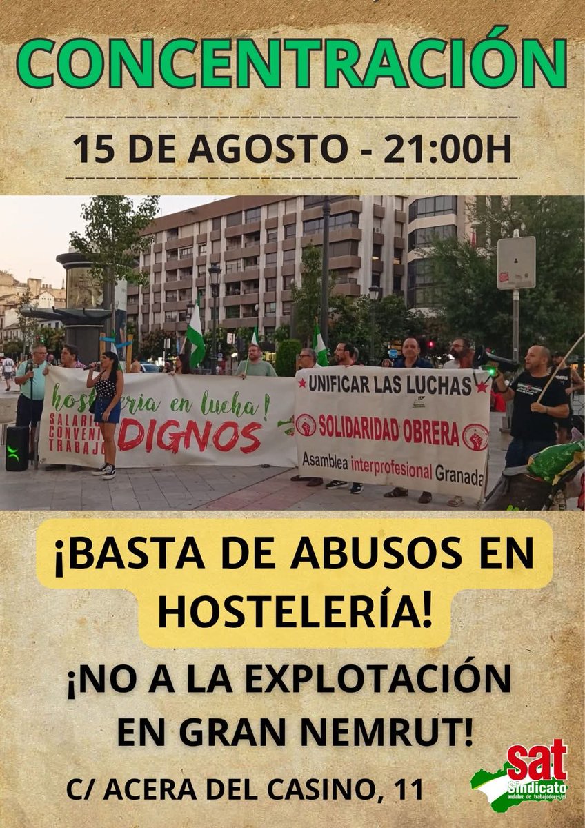 SATGRX's tweet photo. Seguimos con la campaña contra los abusos en la Hostelería Granadina y por la Readmision de nuestro compañero Toufik del Kebab Gran Nemrout.
Este Viernes segundo pikete a las 21.00
¡Hostelería en lucha! https://t.co/hNxmn8yaGM