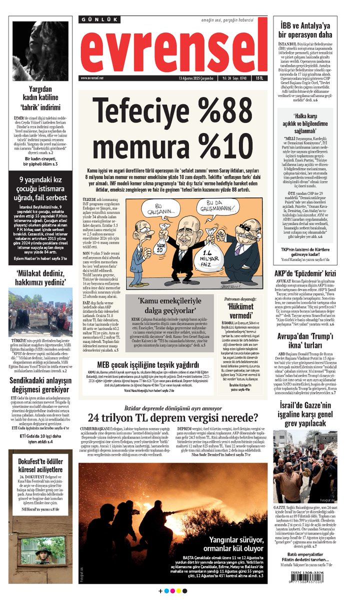 🗞 Tefeciye %88 memura %10

Kamu işçisi ve asgari ücretlilere türlü operasyon ile ‘sefalet zammı’ veren Saray iktidarı, sayıları 8 milyonu bulan memur ve memur emeklisine yüzde 10 zam dayattı. İktidar, emeksiz zenginleşen ve faiz ile geçinen ‘tefeci’lerin kazancını yüzde 88